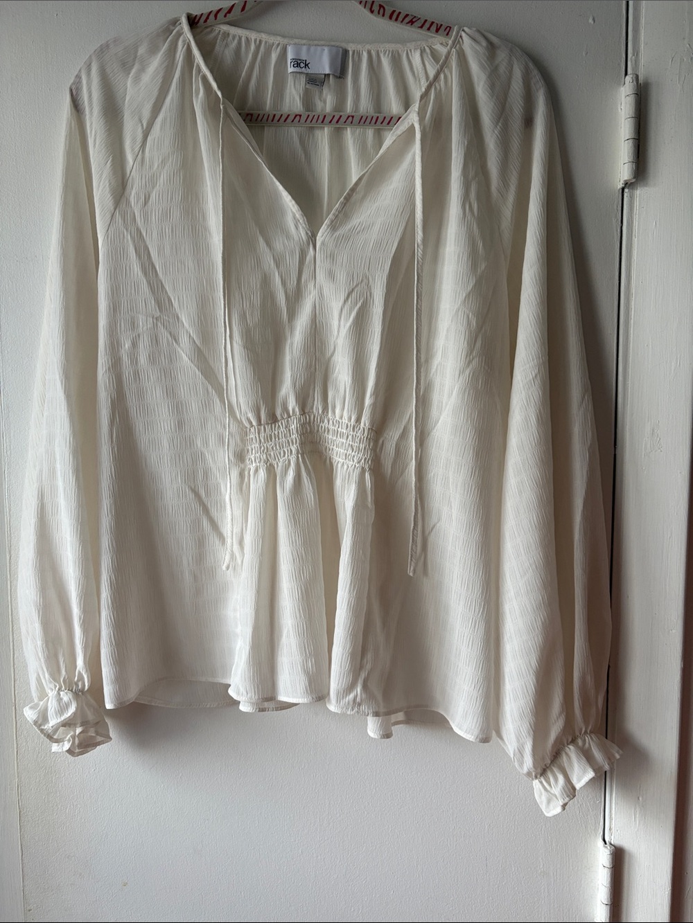 Women’s Cream V-Neck Peasant Blouse with Smocked Waist